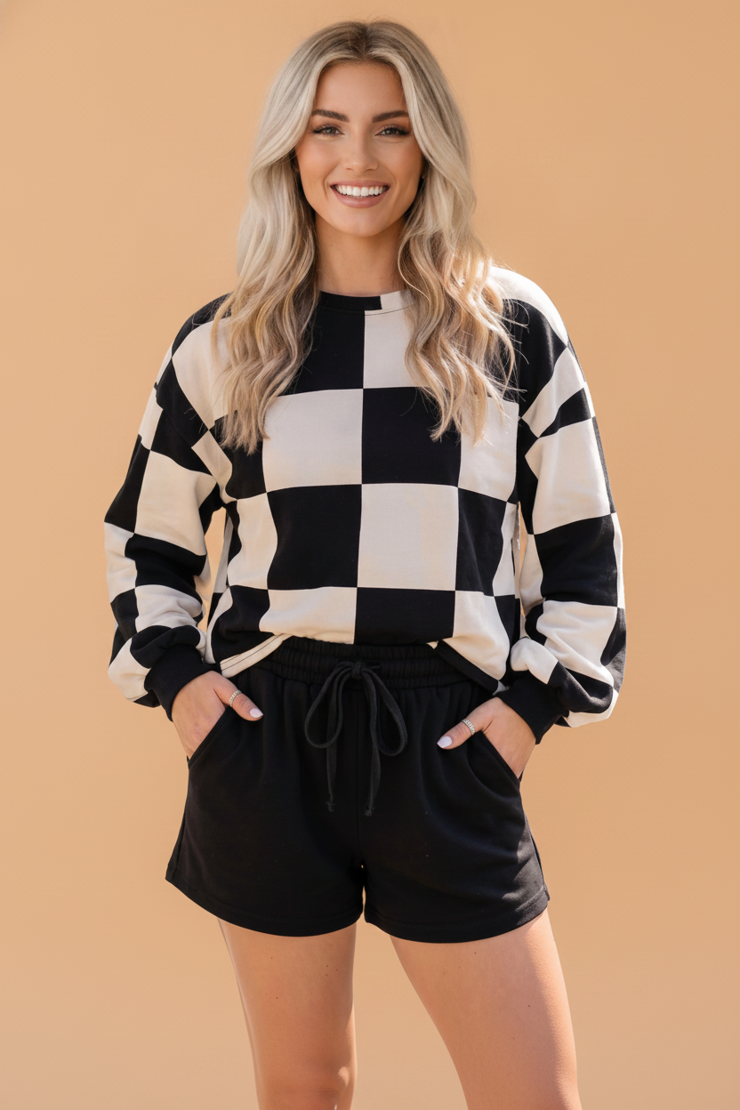 Khaki Checker Long Sleeve Top & Drawstring Shorts Set featuring boutique-style details and relaxed everyday fit