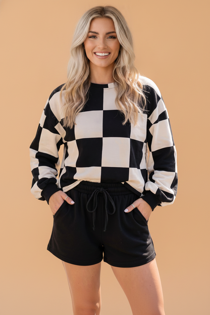 Khaki Checker Long Sleeve Top & Drawstring Shorts Set featuring boutique-style details and relaxed everyday fit