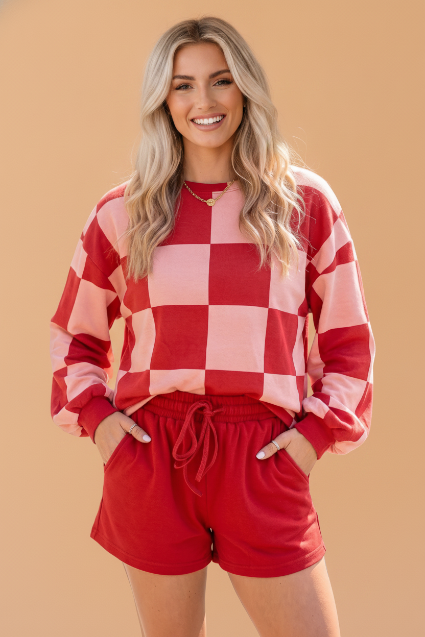 Khaki Checker Long Sleeve Top & Drawstring Shorts Set featuring boutique-style details and relaxed everyday fit