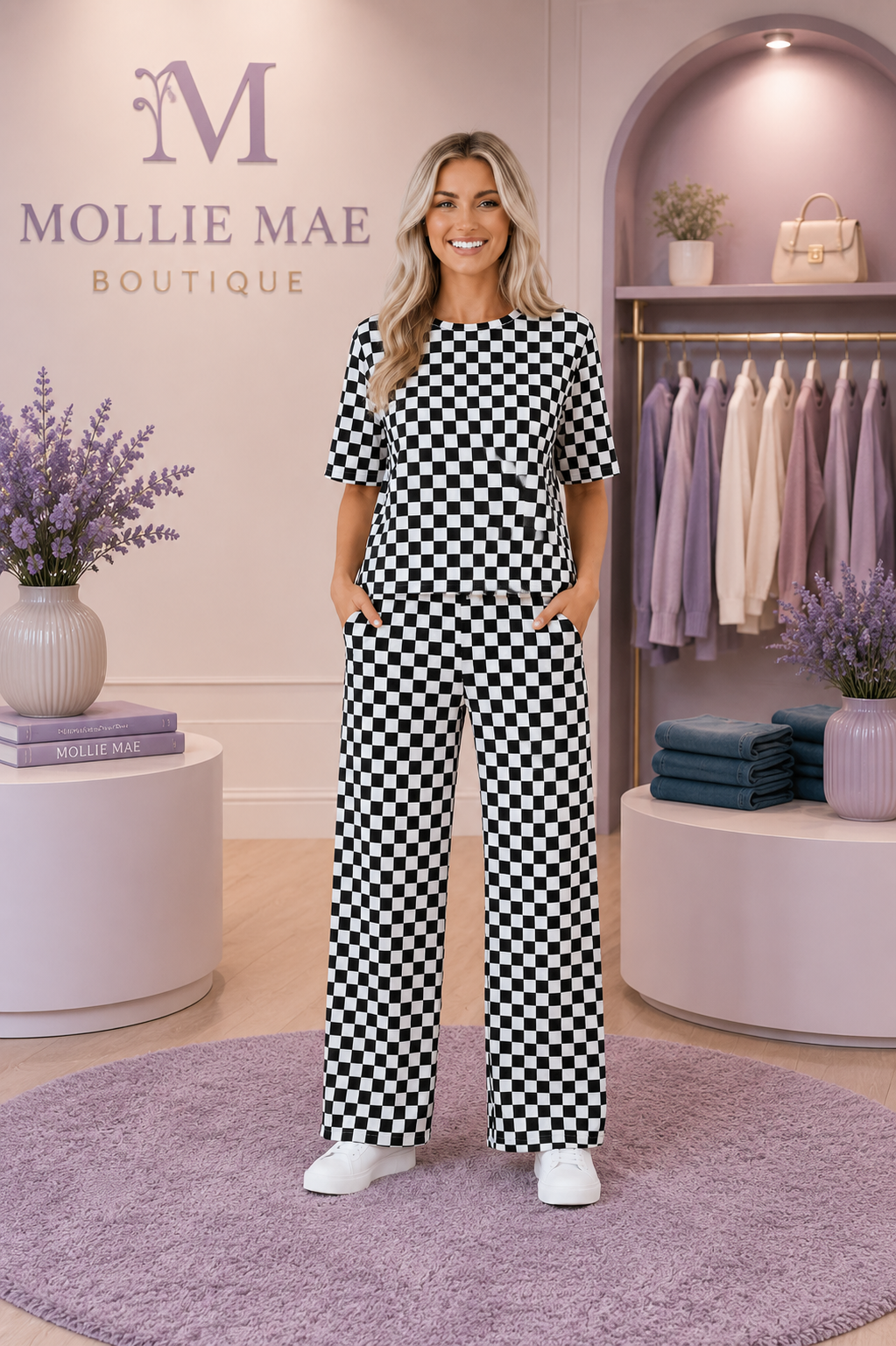 Woman in Checker Short Sleeve Tee & Pants Lounge Set standing in a store with 'Mollie Mae Boutique' branding.
