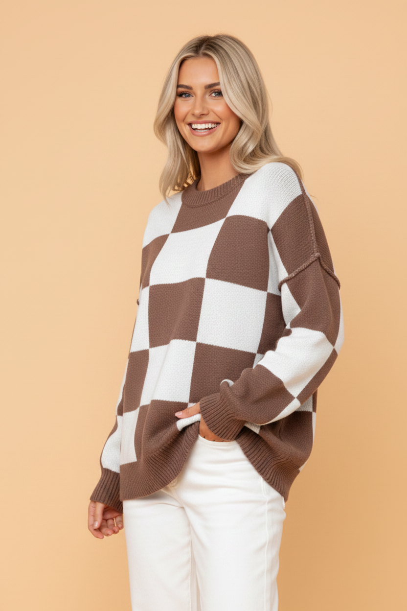 Dark Brown checkered exposed seam drop shoulder sweater with checkered knit, exposed seam details and relaxed drop shoulders, women’s boutique fashion