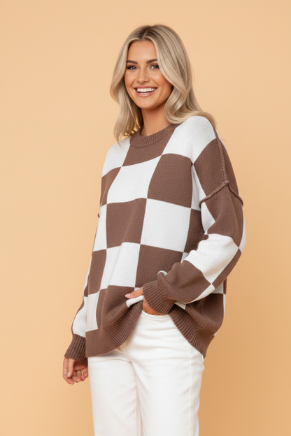 Dark Brown checkered exposed seam drop shoulder sweater with checkered knit, exposed seam details and relaxed drop shoulders, women’s boutique fashion