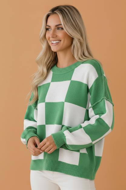 Green checkered exposed seam drop shoulder sweater with checkered knit, exposed seam details and relaxed drop shoulders, women’s boutique fashion