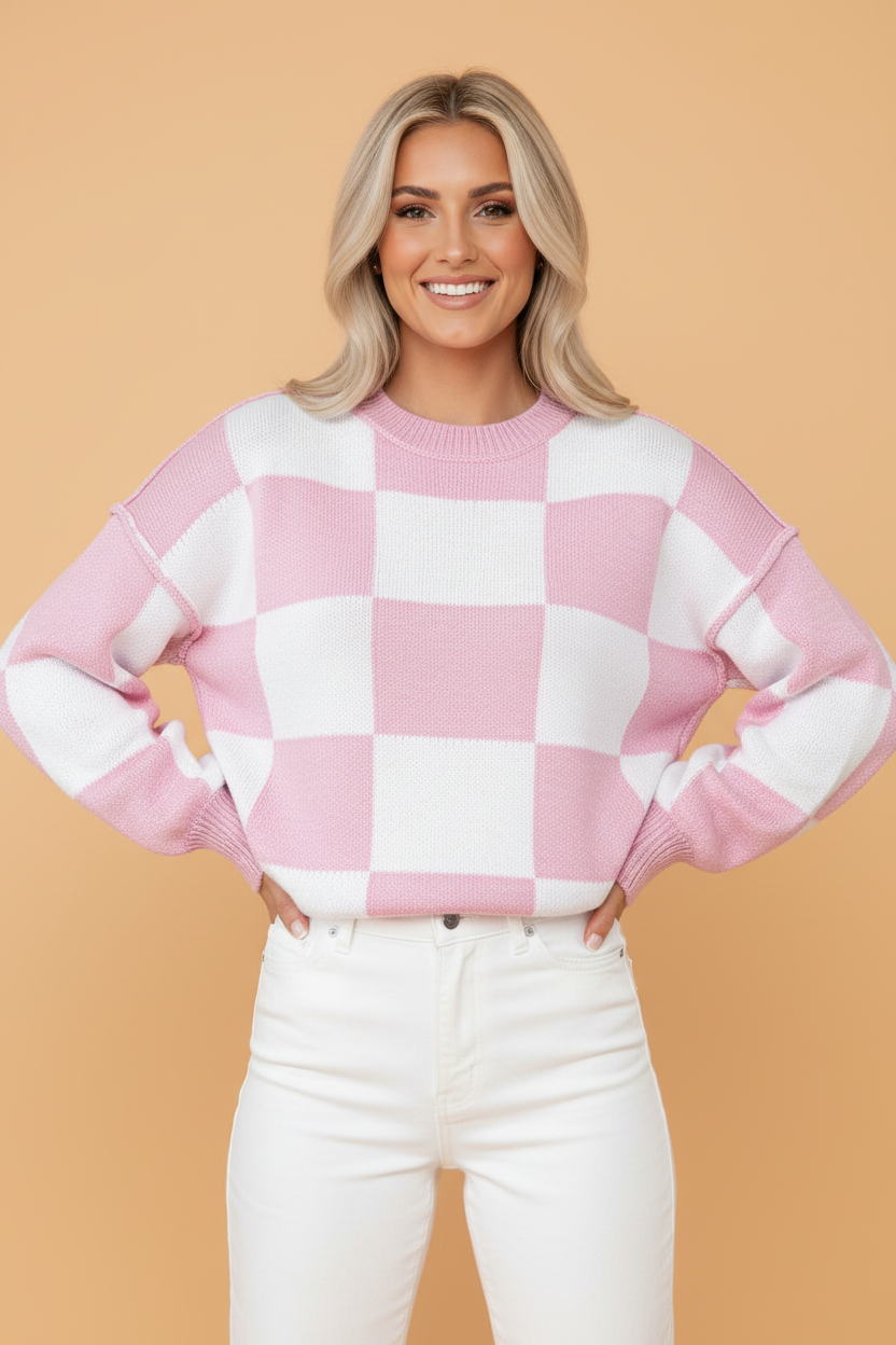 Pink checkered exposed seam drop shoulder sweater with checkered knit, exposed seam details and relaxed drop shoulders, women’s boutique fashion
