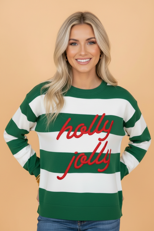 red stripe Holly Jolly embroidered Christmas boutique sweatshirt