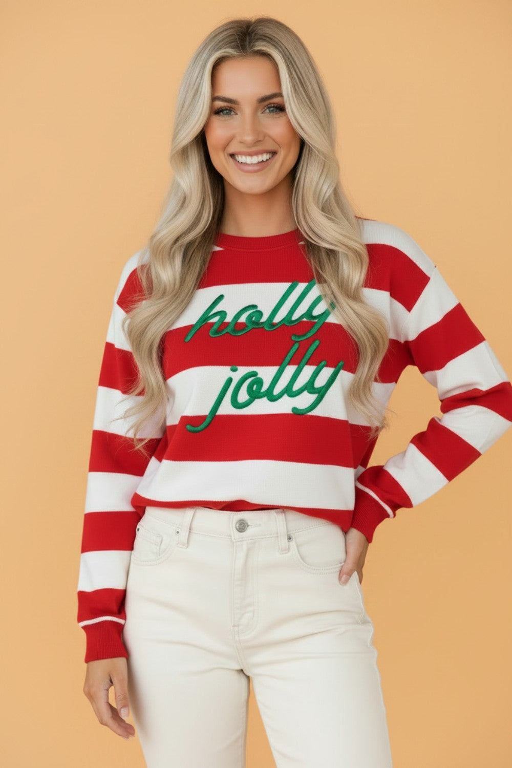 red stripe Holly Jolly embroidered Christmas boutique sweatshirt