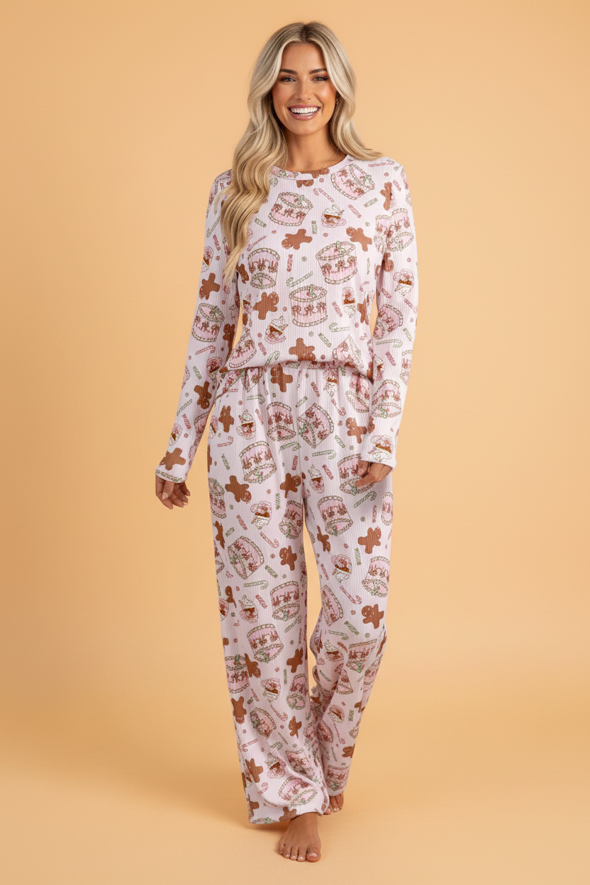 pink Christmas ribbed knit pajama set with gingerbread print and pants boutique loungewear