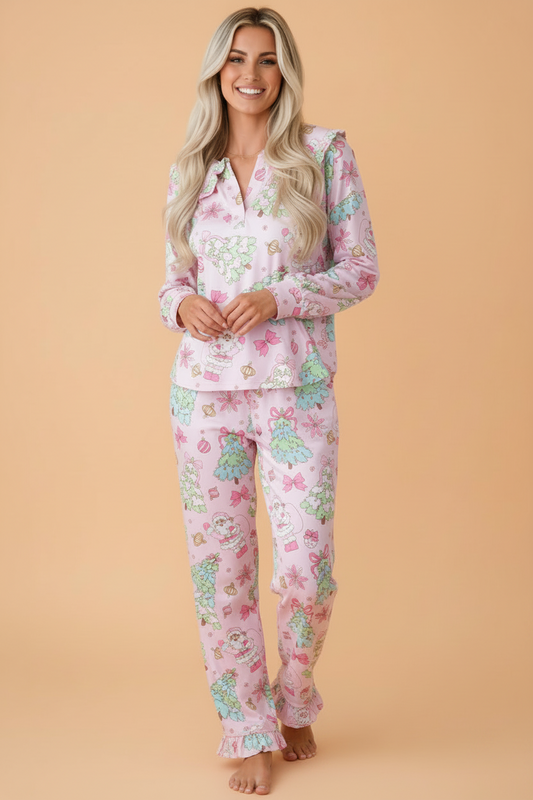 pink Christmas pajama set with ruffle collar, long sleeves and festive print boutique loungewear