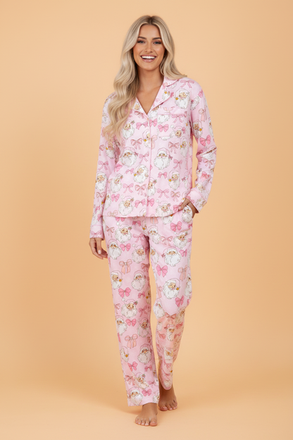 pink Santa Christmas pajama set with long sleeve top, pants and bow print boutique loungewear