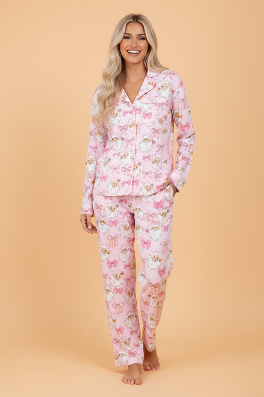 pink Santa Christmas pajama set with long sleeve top, pants and bow print boutique loungewear