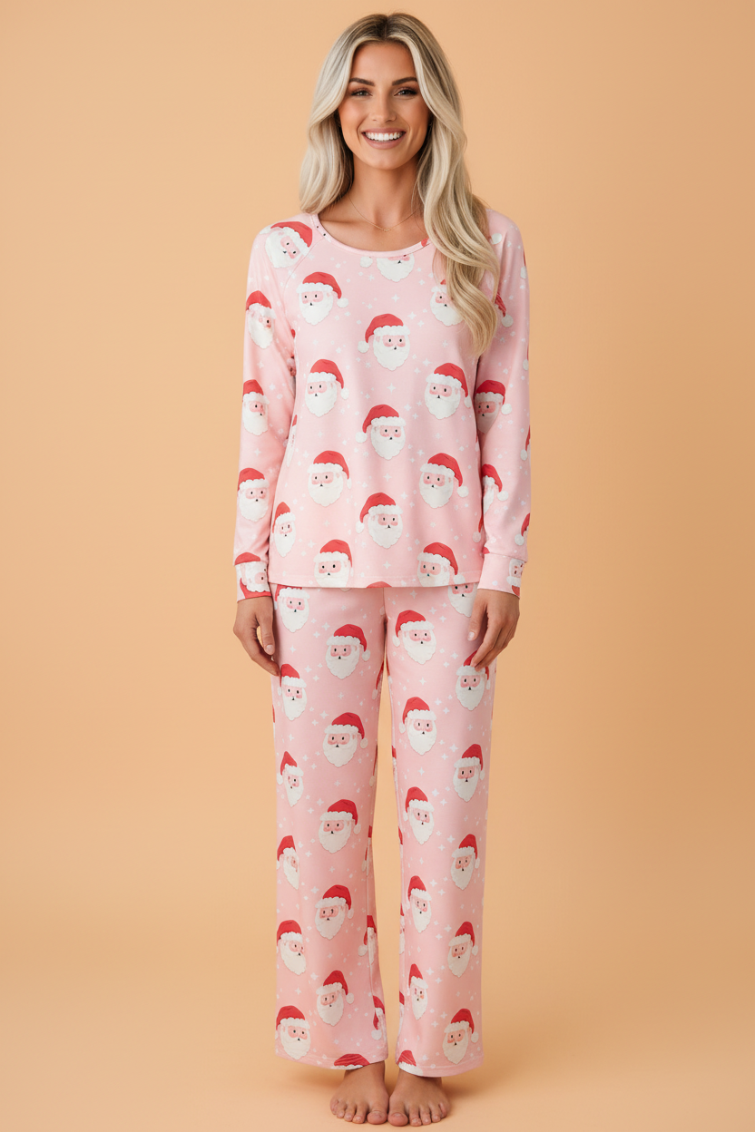 Christmas Santa Raglan Top & Pants Pajama Set in Pink