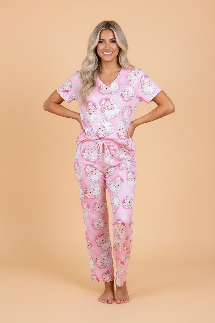 pink Santa Christmas V-neck tee and drawstring pants boutique pajama set