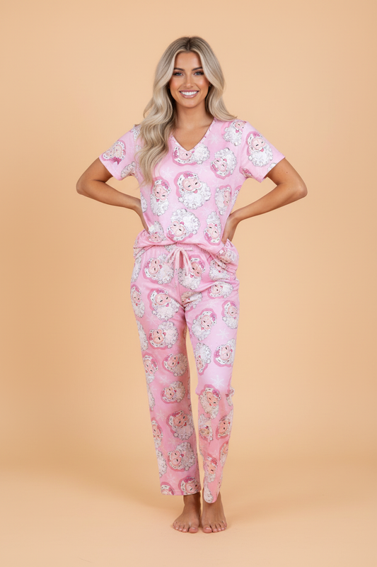 pink Santa Christmas V-neck tee and drawstring pants boutique pajama set
