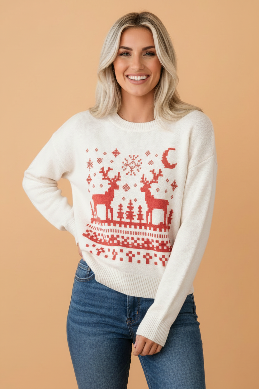 Christmas Snowflake Reindeer Graphic Print Sweater in Beige