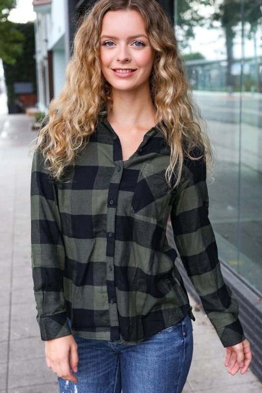 COMO VINTAGE Army Green Plaid Button Down Long Sleeve Top