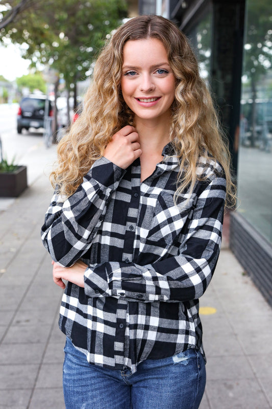 COMO VINTAGE Black Plaid Button Down Long Sleeve Top