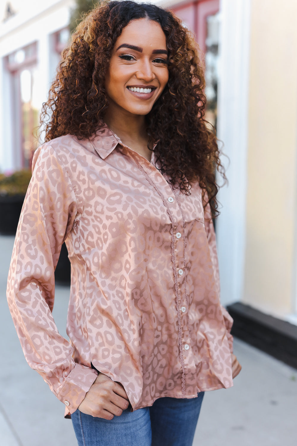 Neude Animal Print Button Down Lace Shirt Top