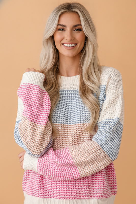 Light Blue colorblock stripe drop shoulder round neck sweater with colorblock stripes, round neckline and relaxed drop shoulders, women’s boutique fashion