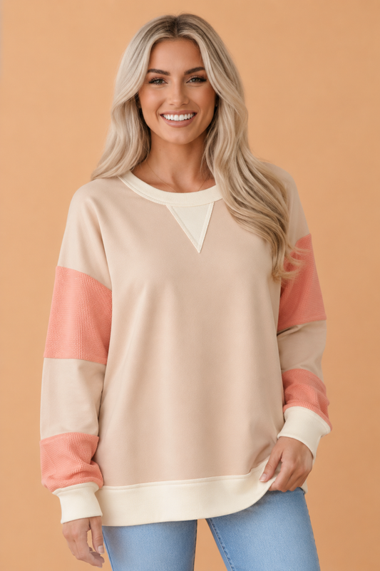 Light French Beige Colorblock Waffle Knit Patchwork Sweatshirt featuring boutique-style details and relaxed everyday fit
