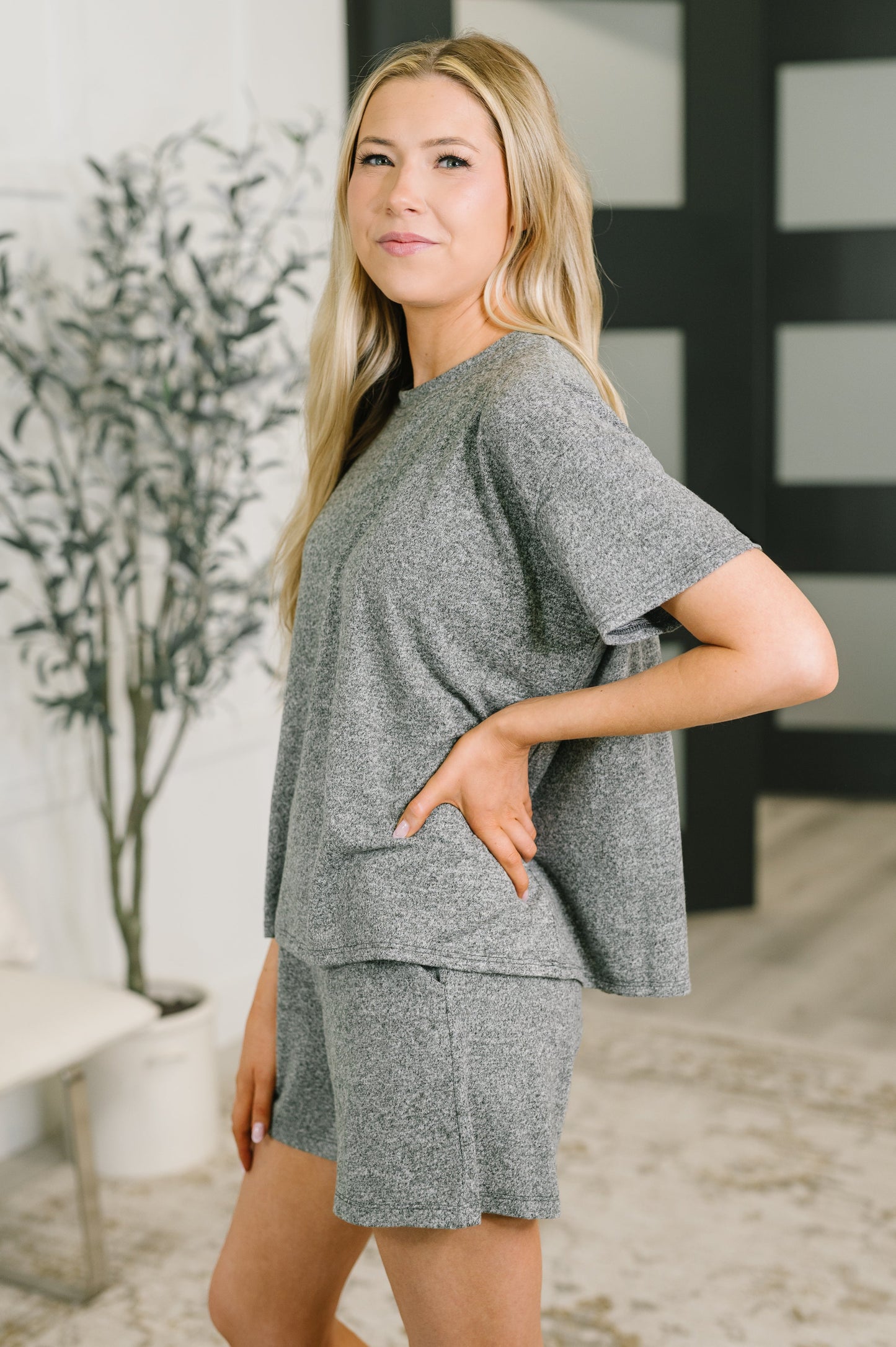 multiple colors Couldn't Help It Melange Set in Black with brushed stretch fabric, a relaxed top, and high-waisted pocketed bottoms, boutique fashion