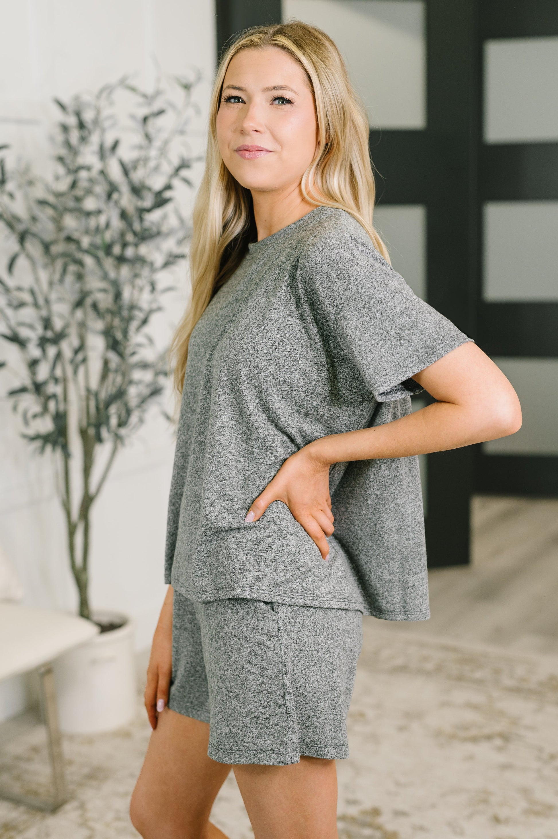 multiple colors Couldn't Help It Melange Set in Black with brushed stretch fabric, a relaxed top, and high-waisted pocketed bottoms, boutique fashion