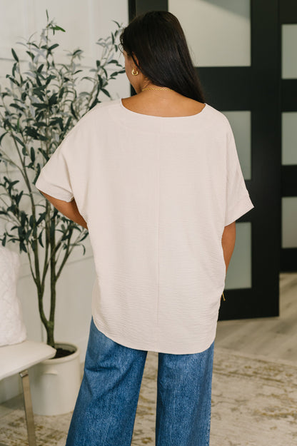 Counter Part Crinkle Woven V-Neck Top in Sand Beige