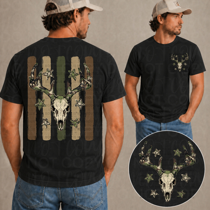Deer skull graphic tee on Comfort Colors Black with oversized hunting design and outdoor-inspired artwork
