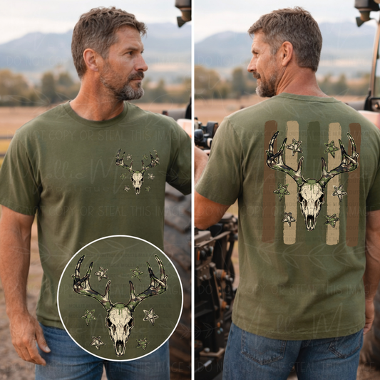 Deer skull hunting graphic tee on Comfort Colors Hemp featuring rustic woodland stripes and matching chest graphic