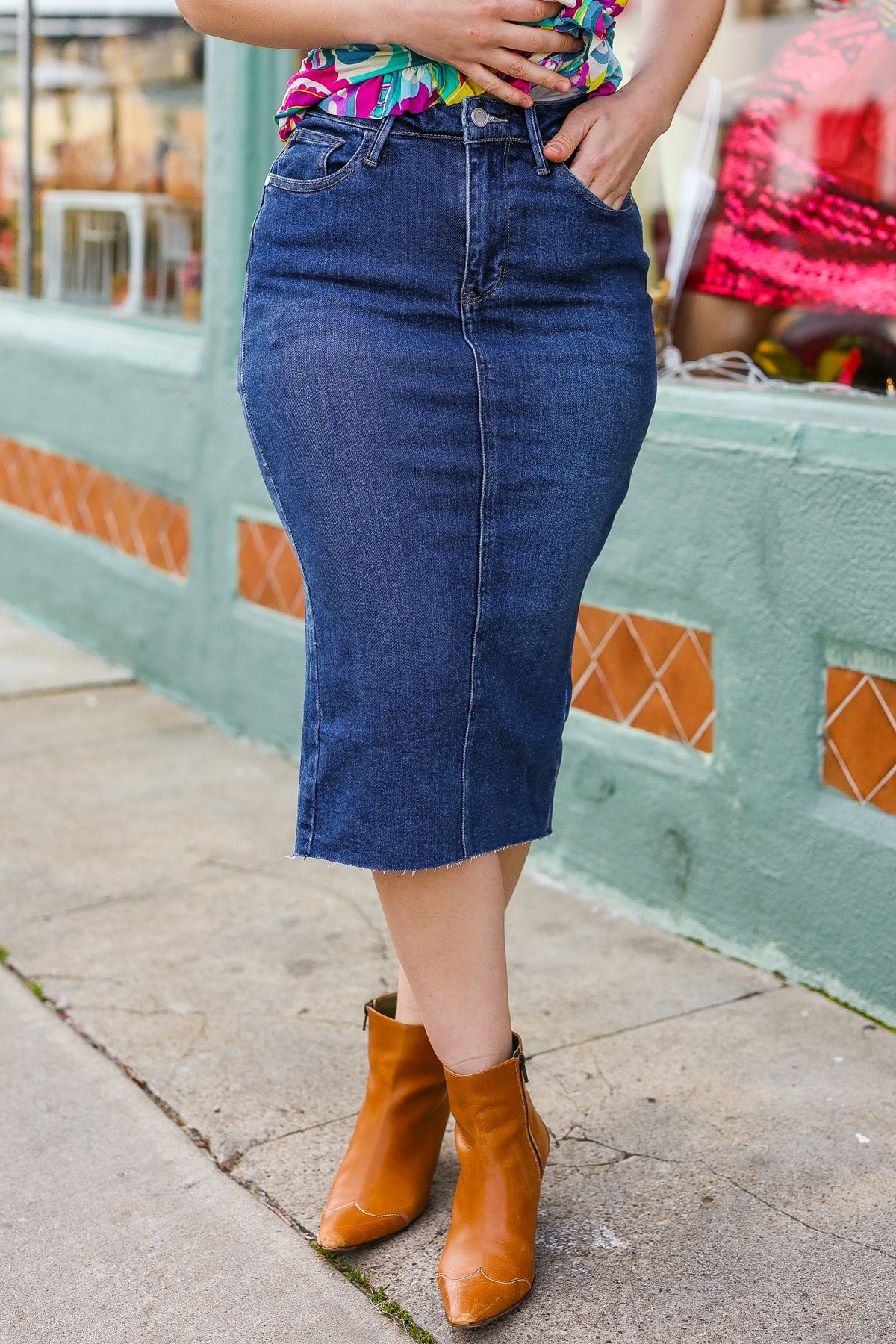 Judy Blue Dark Denim High Rise Back Slit Midi Length Skirt