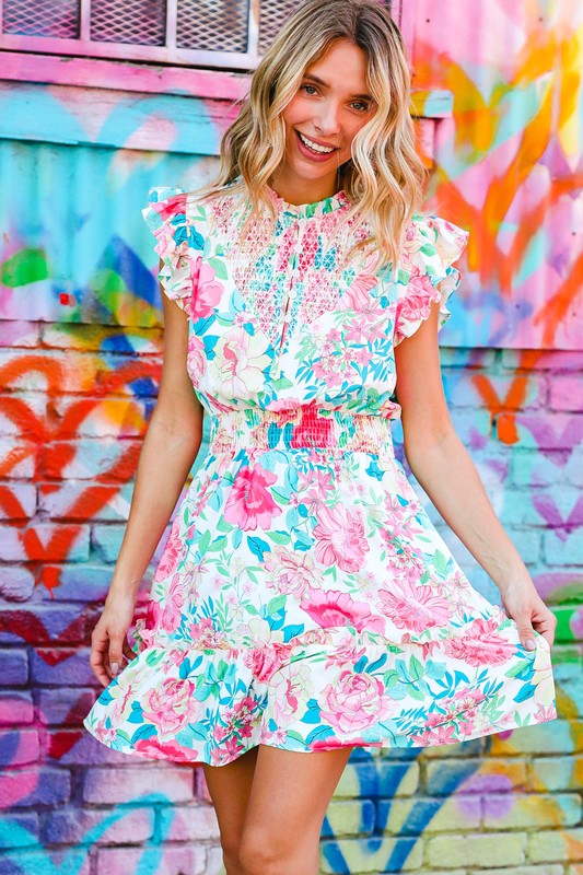 Floral Smocked Flutter Sleeve Ruffle Mini Dress