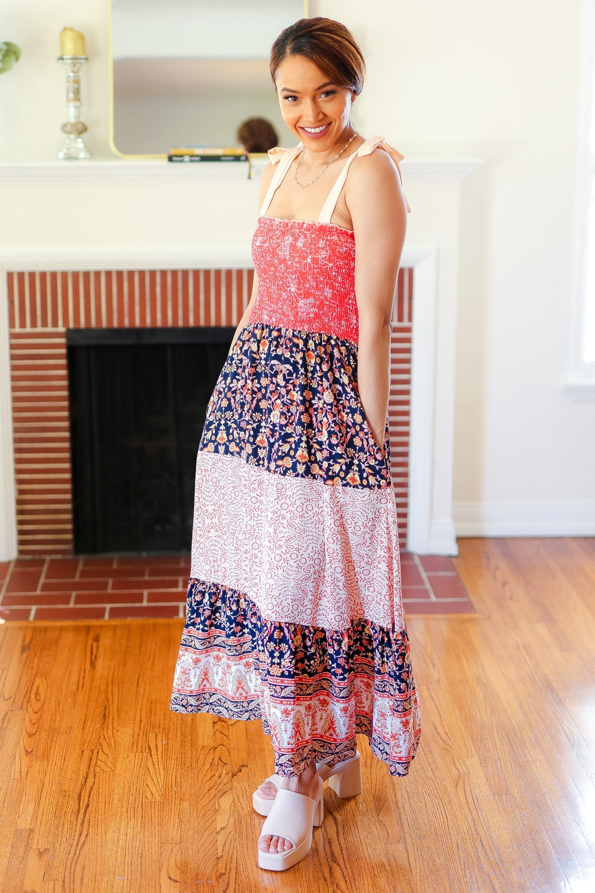 Haptics Orange Floral Smocked Tube Top Tiered Maxi Dress