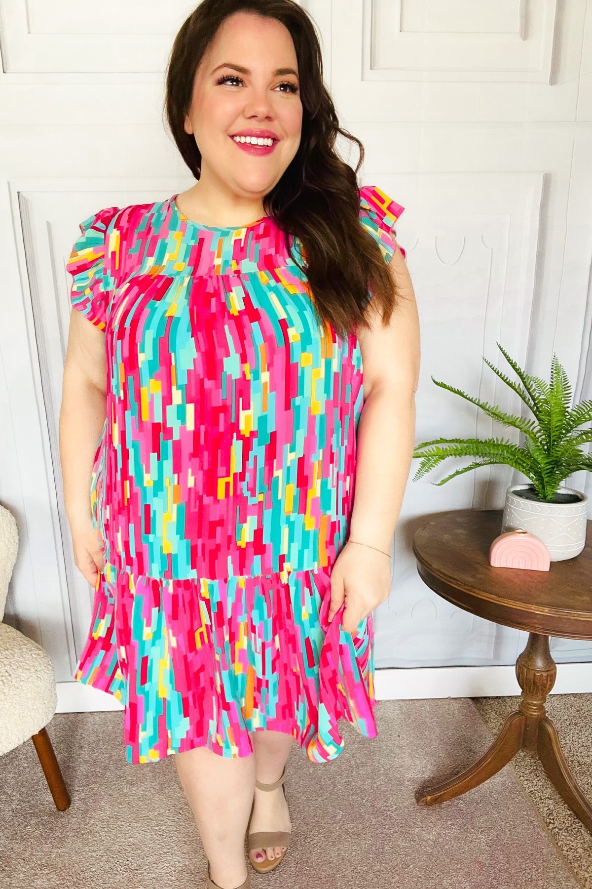 Haptics Multicolor Abstract Print Tiered Ruffle Sleeve Dress