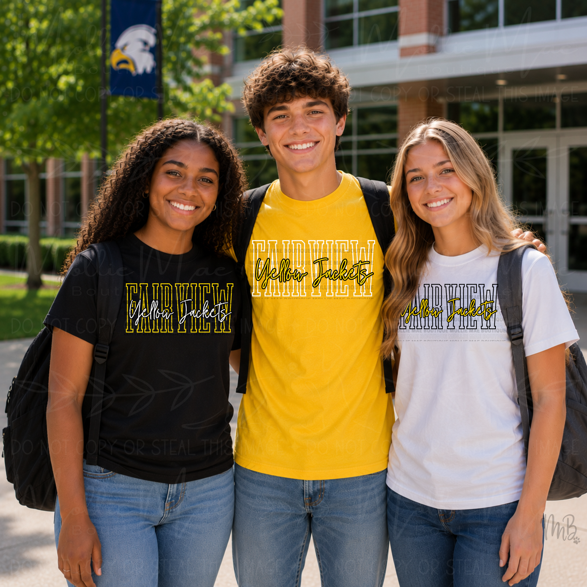 Three young adults standing together outdoors in front of a building, each wearing a graphic T-shirt. The center person wears a bright yellow shirt with 'Yellow Jackets' in white and gold, while the person on the left wears a black shirt with 'Yellow Jackets' in gold, and the person on the right wears a white shirt with 'Yellow Jackets' in gray and gold.