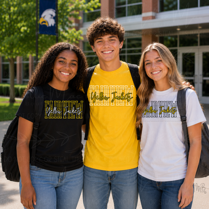 Three young adults standing together outdoors in front of a building, each wearing a graphic T-shirt. The center person wears a bright yellow shirt with 'Yellow Jackets' in white and gold, while the person on the left wears a black shirt with 'Yellow Jackets' in gold, and the person on the right wears a white shirt with 'Yellow Jackets' in gray and gold.