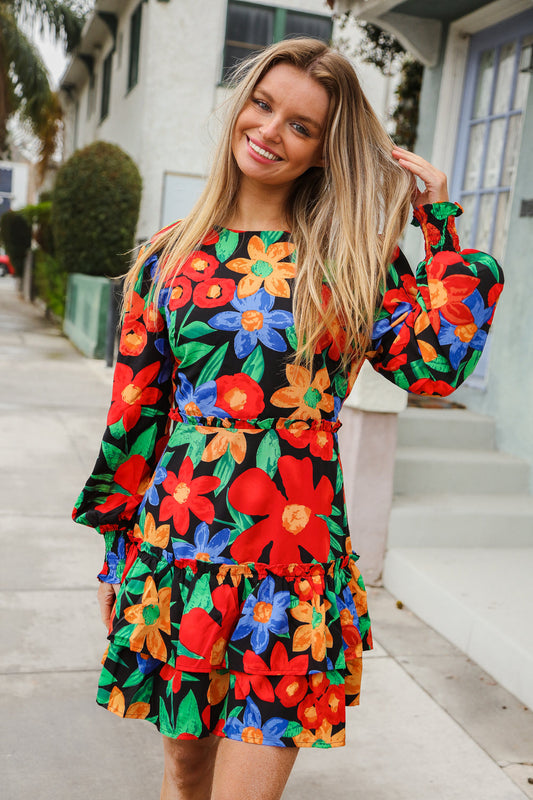 Multicolor Big Floral Ruffle Frill Lined Dress