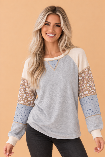 Floral Waffle Patchwork Raglan Long Sleeve Top in Light Grey