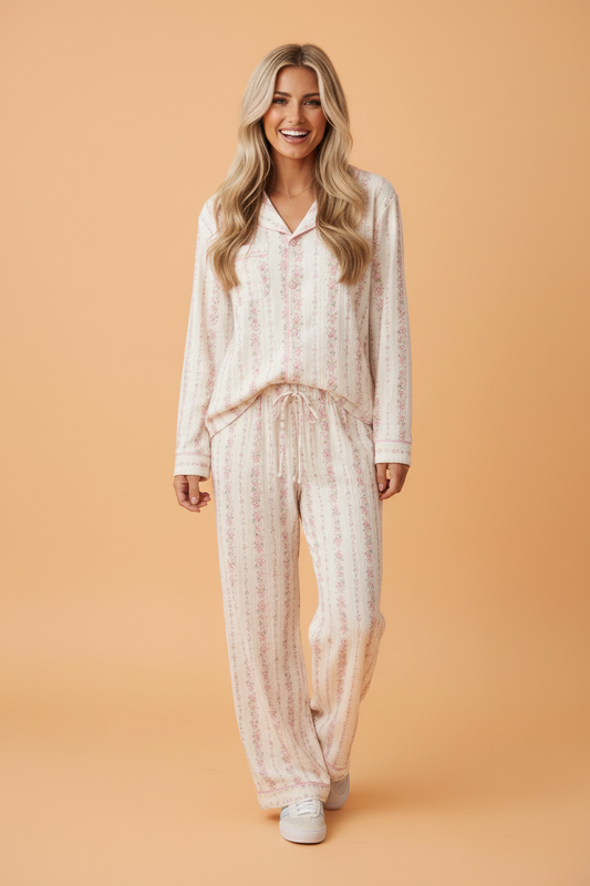 pink floral stripe pajama set with long sleeve button top and drawstring pants boutique loungewear