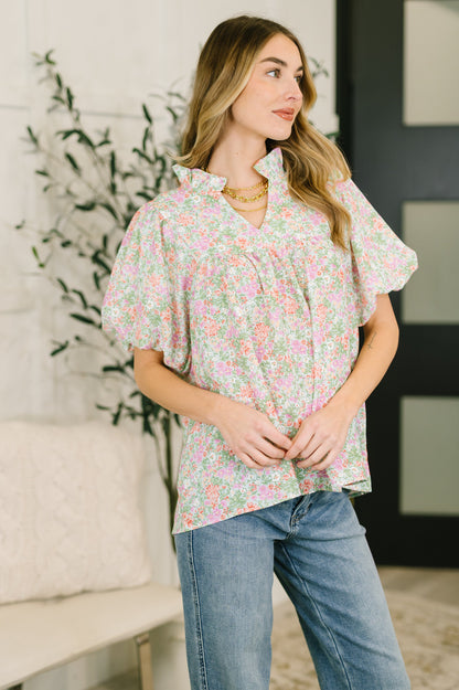 Flower Picking Notch Neck Blouse