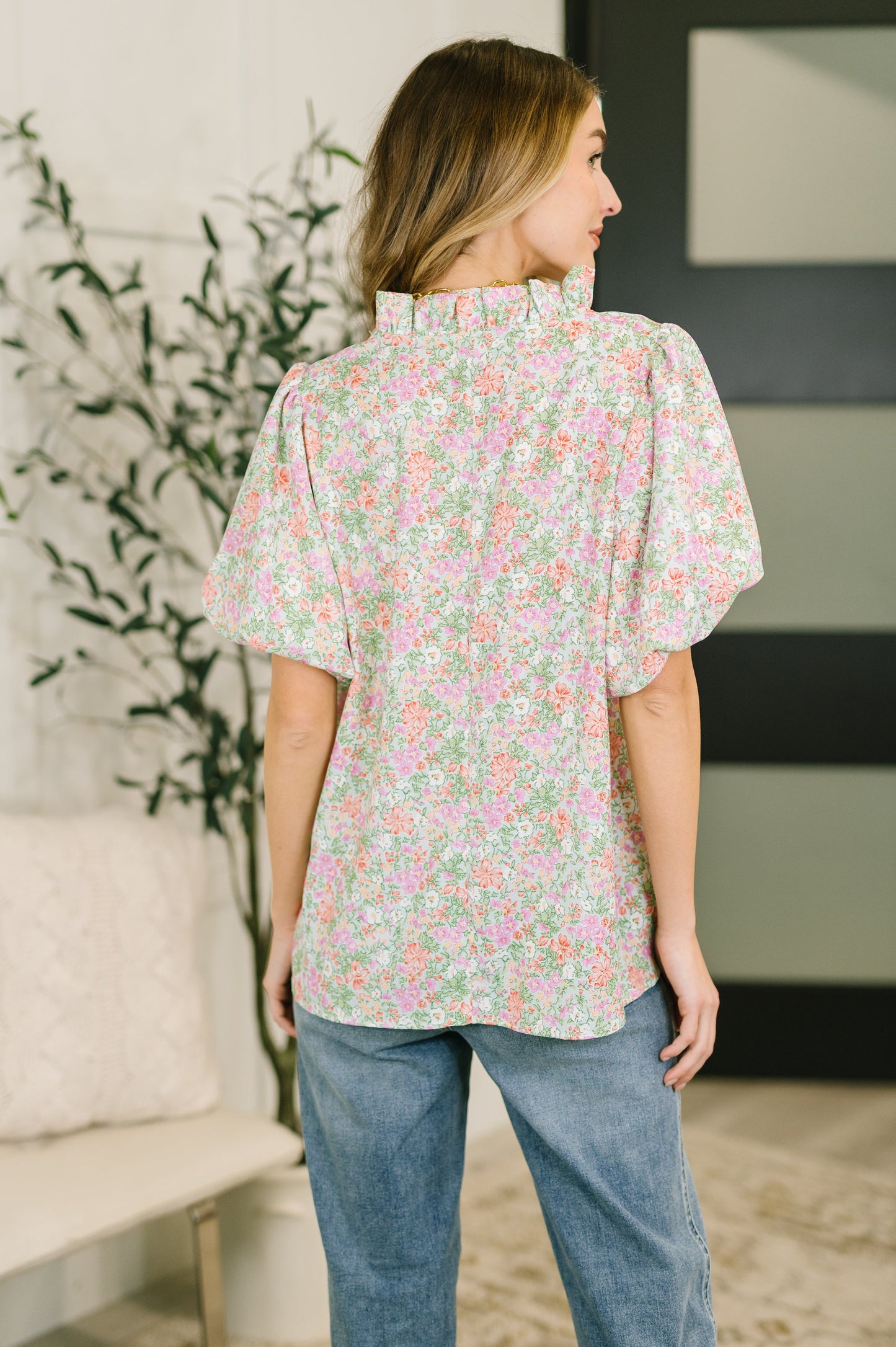 Flower Picking Notch Neck Blouse