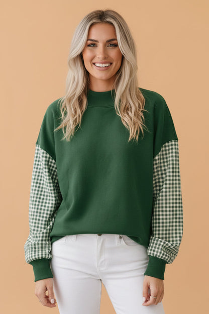 Evergreen Gingham Colorblock Mock Neck Long Sleeve Sweatshirt with gingham detail and colorblock detail women's boutique fashion