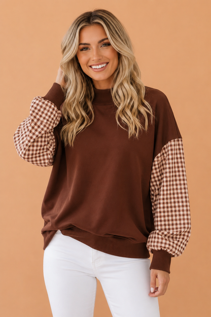 Coffee Gingham Colorblock Mock Neck Long Sleeve Sweatshirt with gingham detail and colorblock detail women's boutique fashion