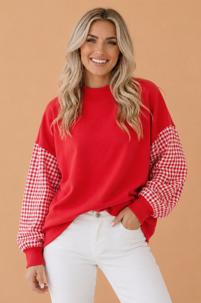 Fiery red Gingham Colorblock Mock Neck Long Sleeve Sweatshirt with gingham detail and colorblock detail women's boutique fashion