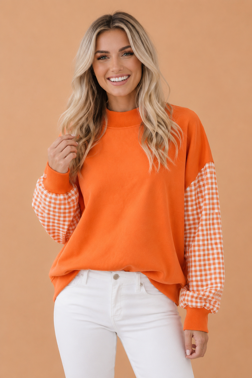 Russet Orange Gingham Colorblock Mock Neck Long Sleeve Sweatshirt with gingham detail and colorblock detail women's boutique fashion