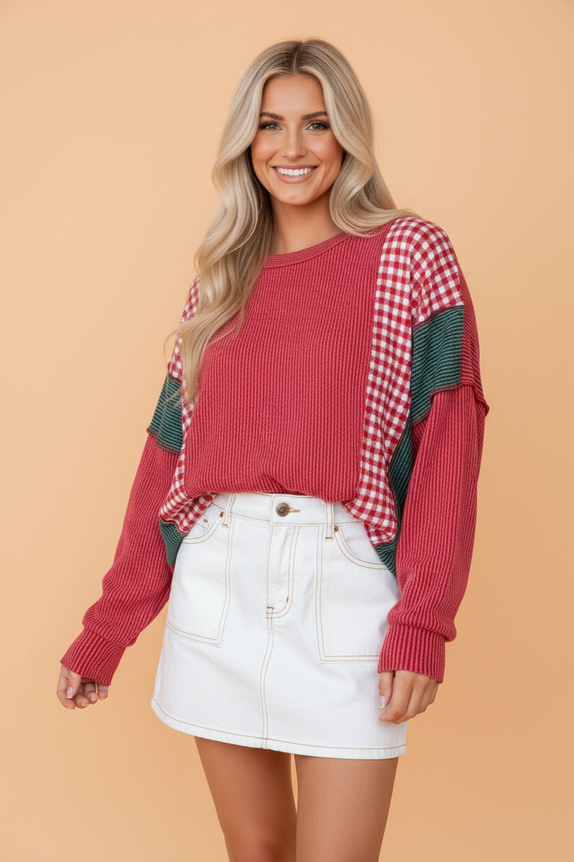 Fiery Red Gingham Patchwork Corded Knit Top with gingham patchwork, corded texture, and cozy casual style, boutique fashion