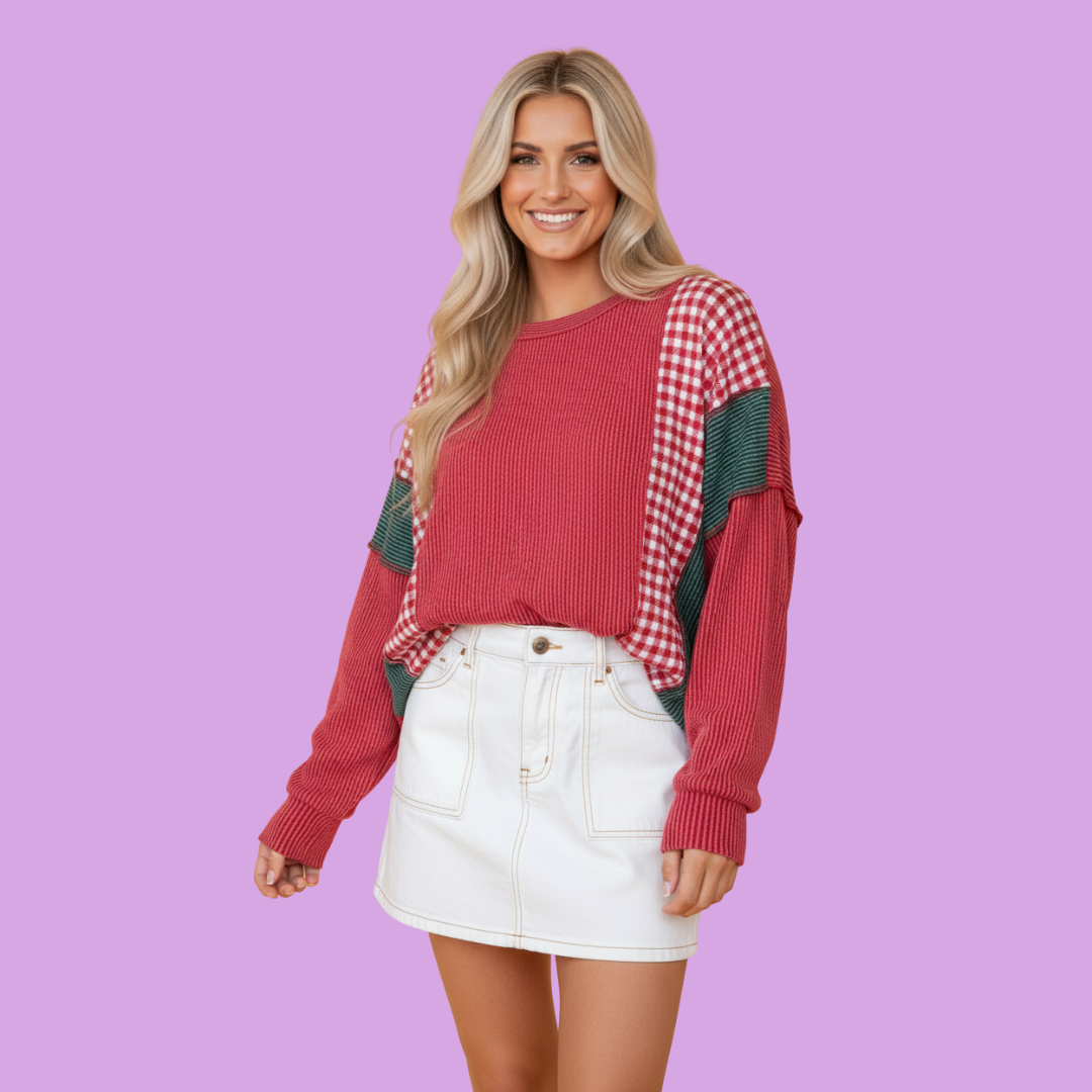 Gingham Patchwork Corded Knit Top