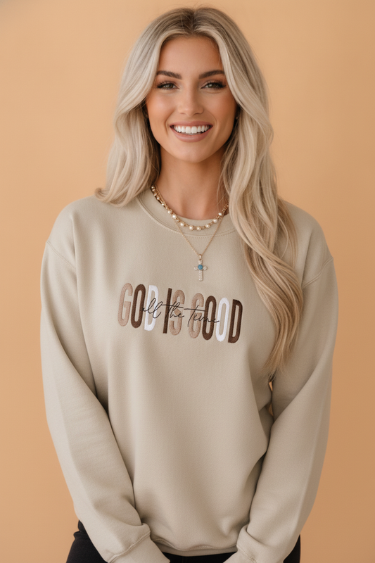 Jet Stream god is good embroidered drop shoulder sweatshirt with God Is Good embroidery, crew neckline and relaxed drop shoulders, women’s boutique fashion