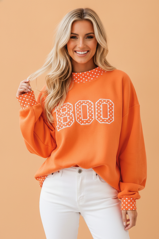Grapefruit orange Halloween Boo patch mock neck sweatshirt with polka dot trim and relaxed tunic fit, boutique fall style