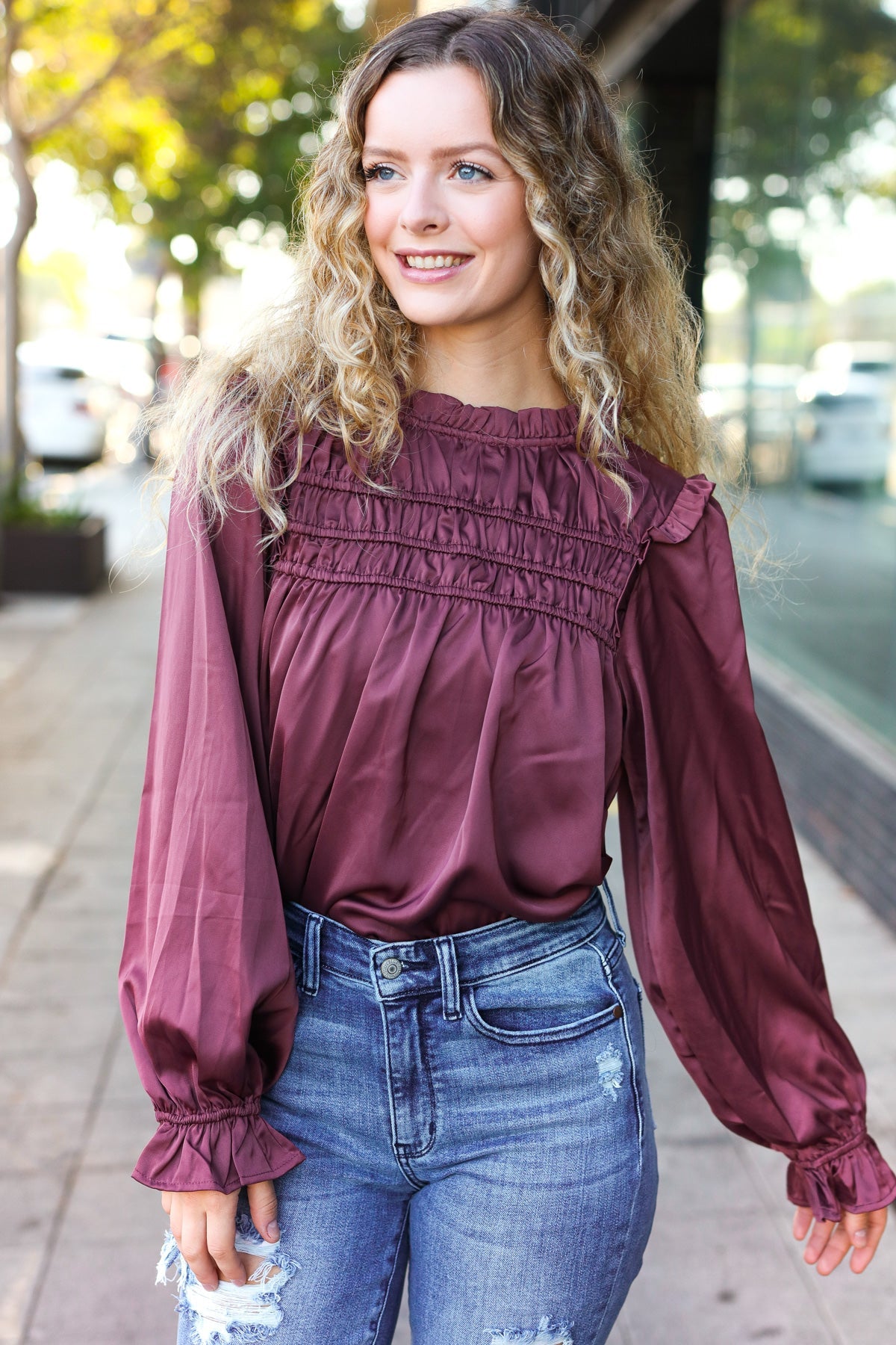 Haptics Wine Satin Shirred Yoke Frilled Mock Neck Top