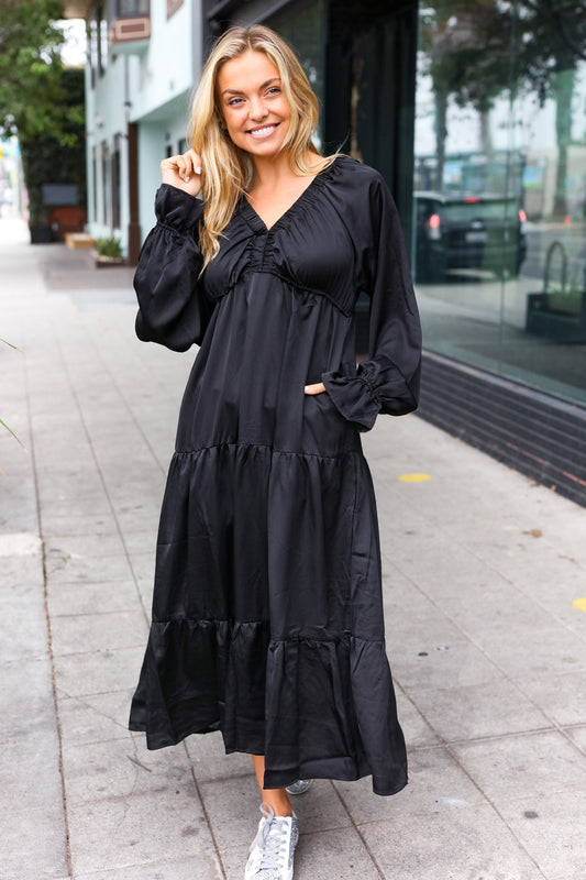 Haptics Black Elastic V Neck Tiered Satin Maxi Dress