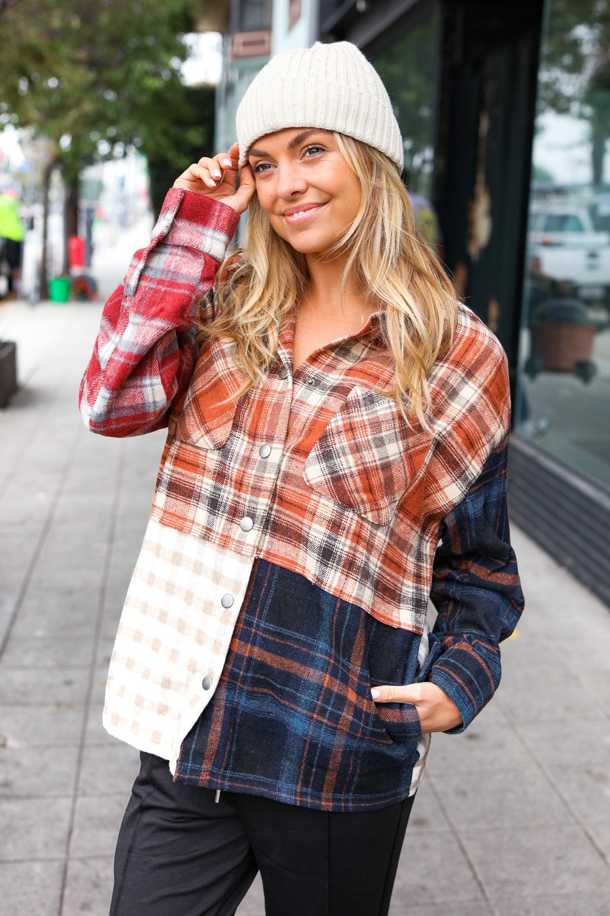 Haptics Muticolor Plaid Color Block Snap Button Shacket